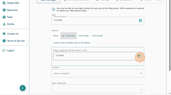 Athlete Connect overnight entry with the "Every Day" repeats option selected.