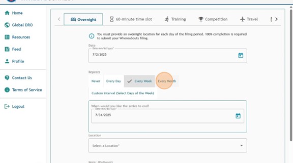 Athlete Connect overnight entry with the "Every Month" repeats option highlighted.