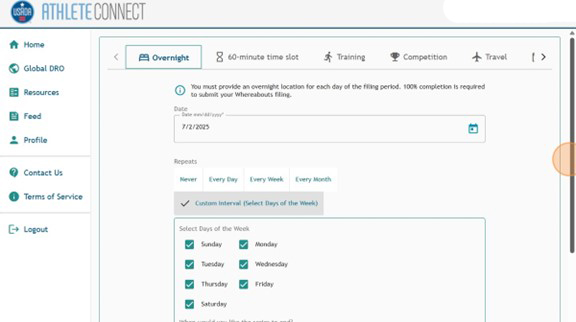 Athlete Connect overnight entry with all days of the week selected under the Repeats custom interval field.