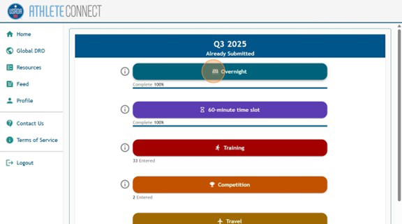 Athlete Connect list of different entry types to select, including "Overnight."