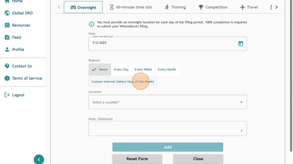 Athlete Connect Overnight entry highlight on the Repeats options.