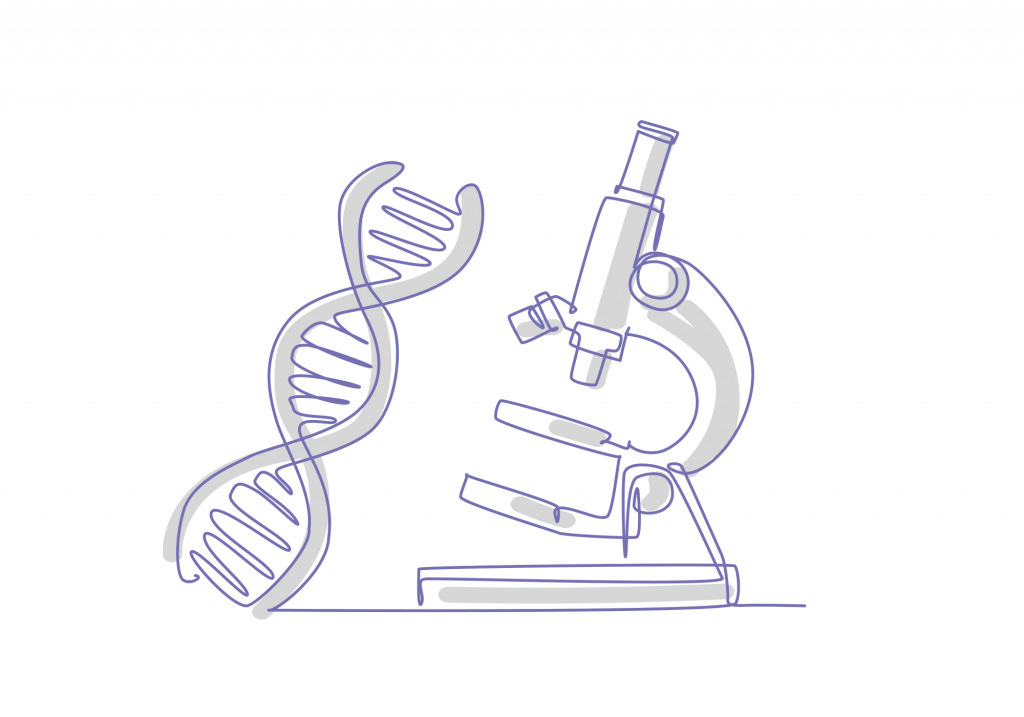 Drawn graphic of a microscope and DNA sequence.