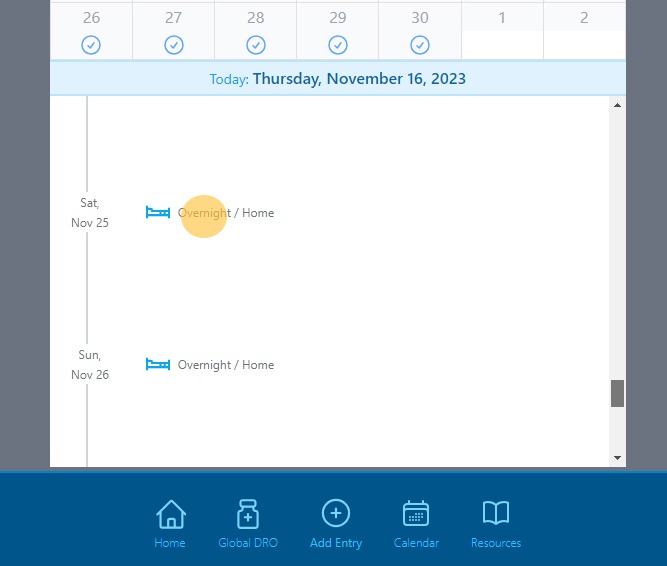 Screenshot of Athlete Connect app with highlight over overnight calendar details.