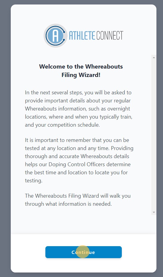 Screenshot of Athlete Connect app with highlight over Continue button.