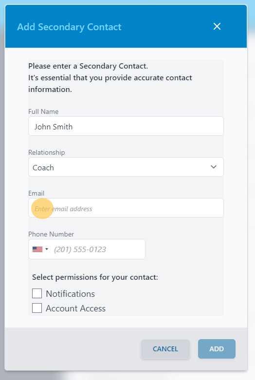 Screenshot of Athlete Connect app with highlight over Email field.