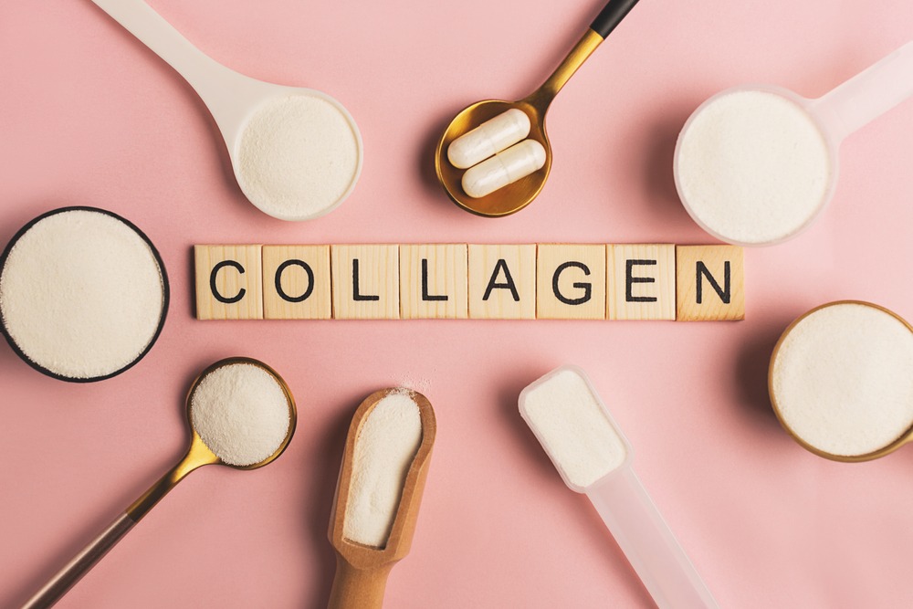 Collagen supplements in powder and pill form.