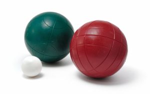 two boccia balls on a white background