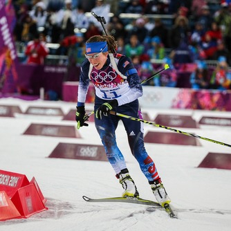 Biathlete Susan Dunklee competing in the 2018 Olympics.