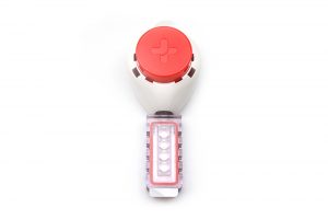 TASSO blood collection device for dried blood spot testing on white background.