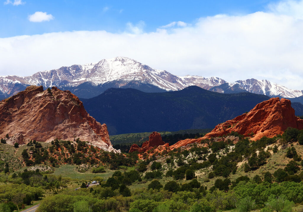view of summit of pikes peak from garden of the gods park