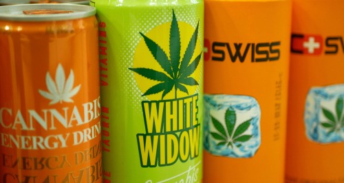 Cans of energy drinks with "cannabis" on the label.