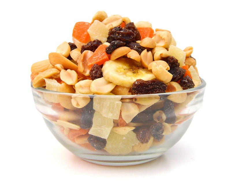 glass bowl of trail mix