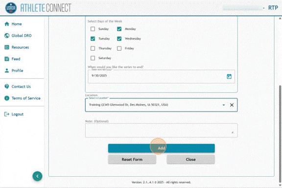 Athlete Connect training entry "Note" field selected.