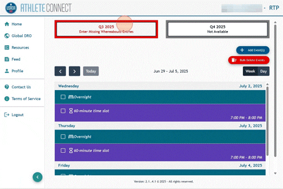 Athlete Connect home page with highlight over relevant quarter button.