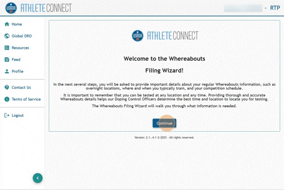 Athlete Connect Whereabouts Filing Wizard screen.
