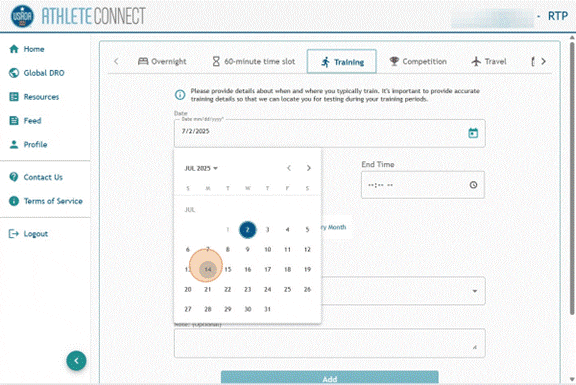 Athlete Connect training entry with the date field selected.