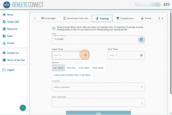 Athlete Connect training entry with Start Time field selected.
