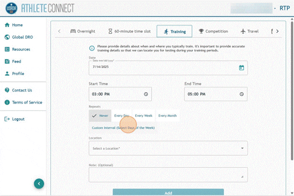 Athlete Connect training entry highlight on the Repeats options.