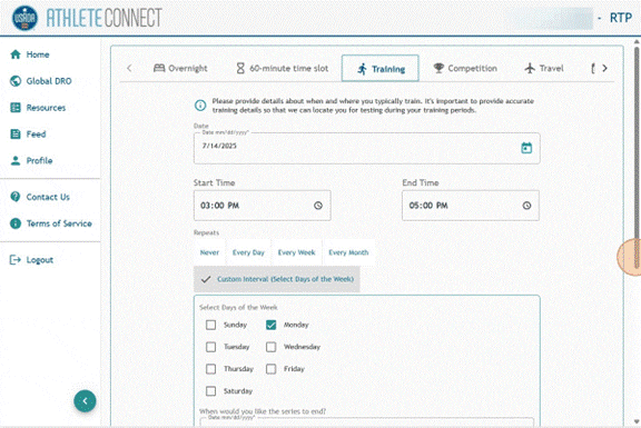 Athlete Connect training entry with repeats custom intervals option selected.