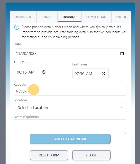Screenshot of Athlete Connect app with highlight over repeats option.