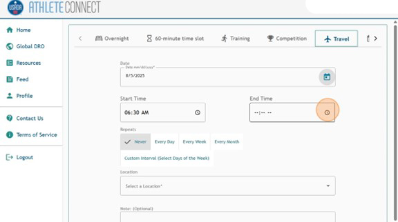 Athlete Connect travel entry page with the end time selected.