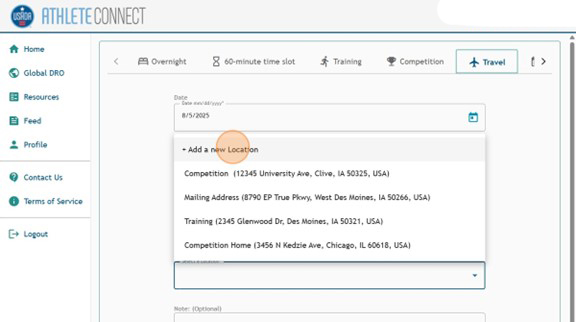 Athlete Connect travel entry page with the "Add New Location" option selected.