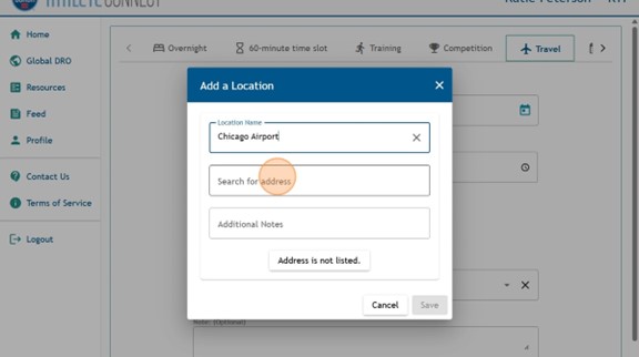 Athlete Connect "Add a Location" pop-up with the Search for address field highlighted.