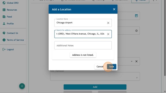 Athlete Connect "Add a Location" pop-up with a highlight on the "Save" button.