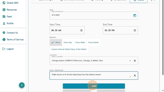 Athlete Connect travel entry page with a "Note" added and a highlight over the "Add" button.