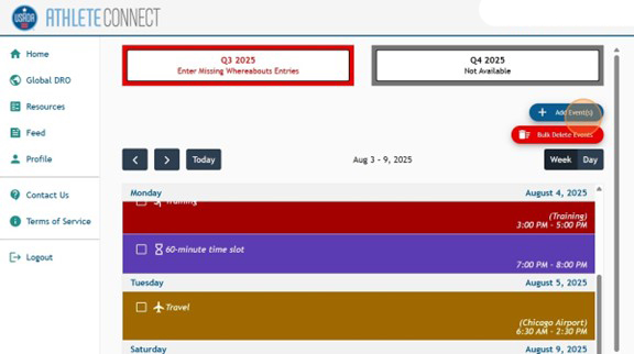 Athlete Connect home page with a highlight over the "Add Event(s)" button.