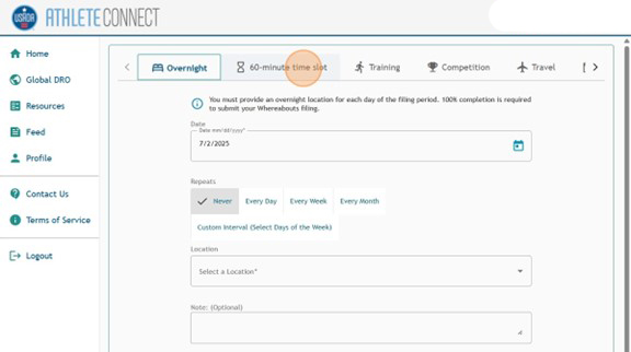 Athlete Connect new entry page with a highlight over the "60-minute time slot" tab.