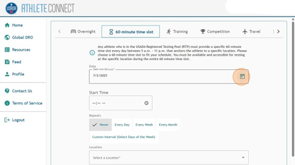 Athlete Connect 60-minute time slot entry with highlight on the Date field.