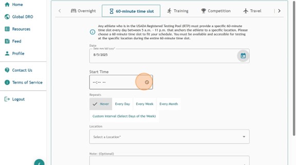Athlete Connect 60-minute time slot entry with highlight on the Start Time field.