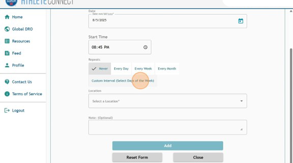 Athlete Connect 60-minute time slot entry with highlight on the Custom Interval repeats option.