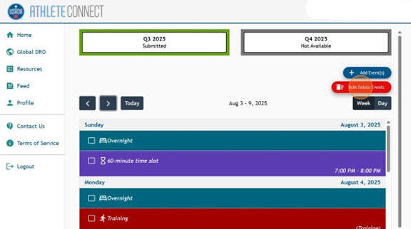 Athlete Connect home page with highlight over the "Bulk Delete Events" button.