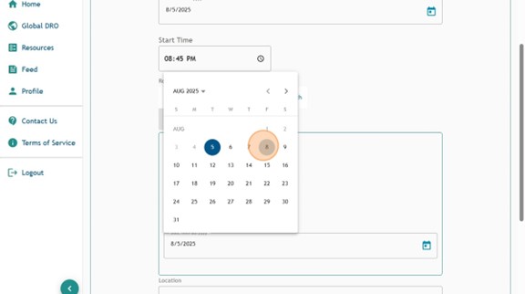 Athlete Connect 60-minute time slot entry with highlight on the date calendar.