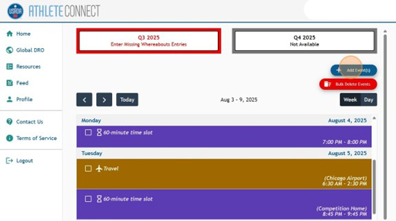 Athlete Connect home page with a highlight over the "Add Event(s)" button.