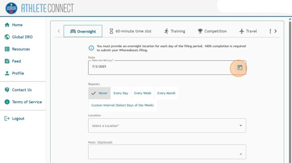 Athlete Connect new entry page with the Overnight tab selected and a highlight on the date.