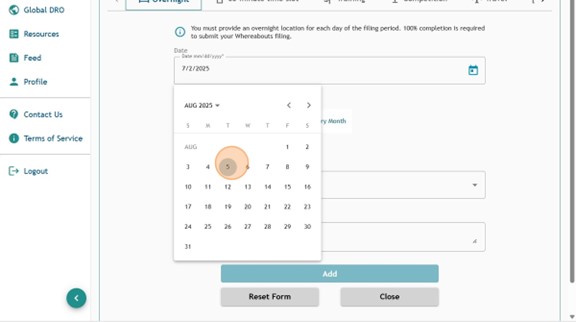 Athlete Connect new entry page with the Overnight tab selected and a highlight on the date calendar.