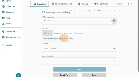 Athlete Connect new entry page with the Overnight tab selected and a highlight on the repeats custom intervals section.