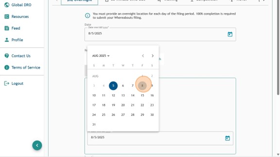 Athlete Connect new entry page with the Overnight tab selected and a highlight on the repeats custom intervals section with an end date selected.