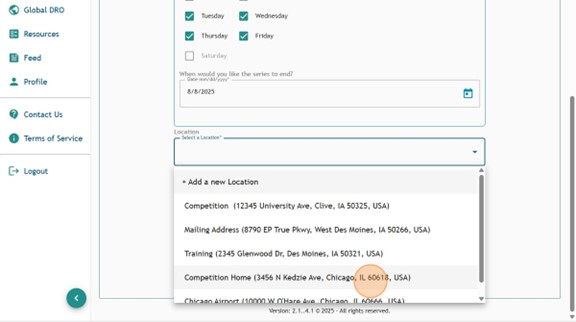 Athlete Connect new entry page with the Overnight tab selected and a highlight on the locations field.