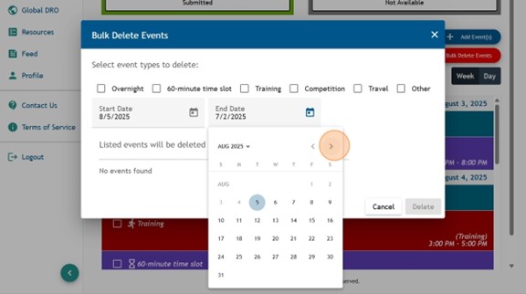 Athlete Connect Bulk Delete Events pop-up with the date field selected.
