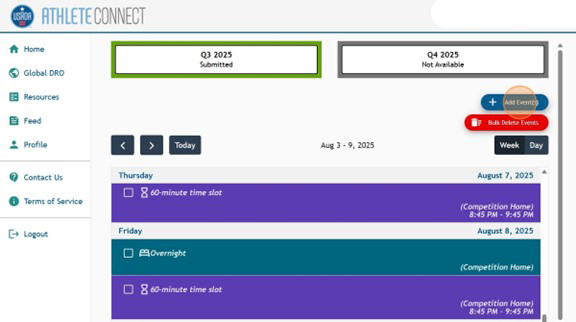 Athlete Connect home page with a highlight over the "Add Event(s)" button.
