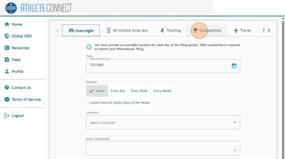 Athlete Connect new entry page with a highlight over the "competition" tab.