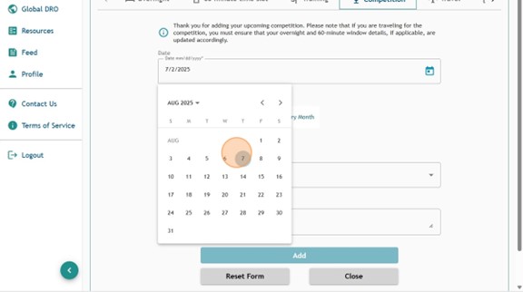 Athlete Connect competition entry with a highlight on the Date calendar.