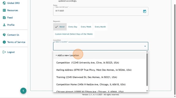 Athlete Connect competition entry with the Location field selected.
