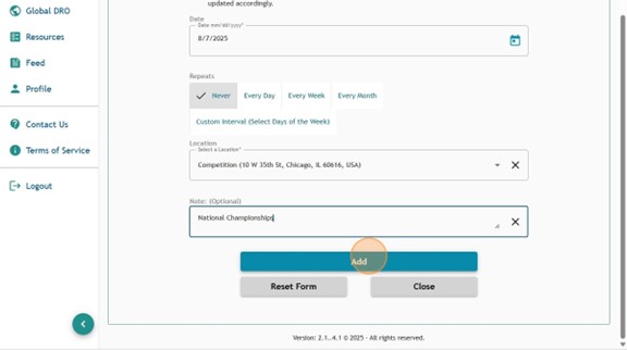 Athlete Connect competition entry with a highlight on the "Add" button at the bottom of the full entry.