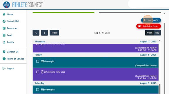 Athlete Connect home page with a highlight over the "Add Event(s)" button.