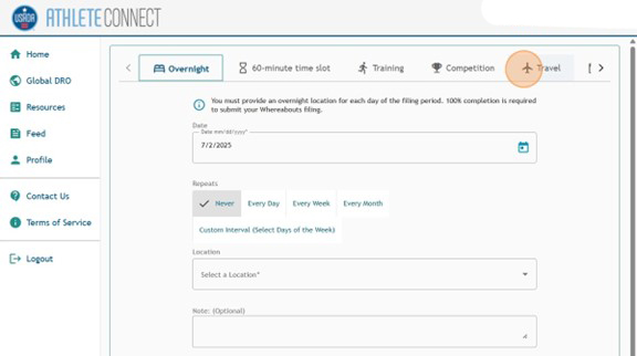 Athlete Connect new entry page with a highlight over the "travel" tab.